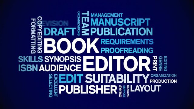 Book Editor animated word cloud-text design animation tag kinetic typography seamless loop.