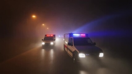 Emergency responders race to the scene in dense fog at night, conveying urgency and a sense of public service in challenging conditions