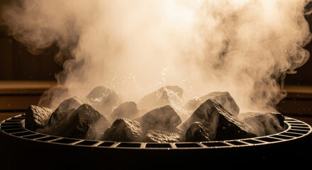 Charcoal grill with glowing coals emitting steam and smoke, creating a warm atmosphere, ideal for outdoor cooking and barbecue gatherings, showcasing culinary preparation