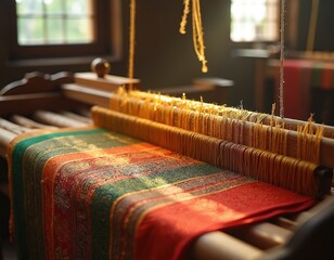 Fototapeta premium Old wooden loom with colorful silk fabric being woven. Intricate patterns form golden threads on the material. Craftsmanship in artisan workshop.