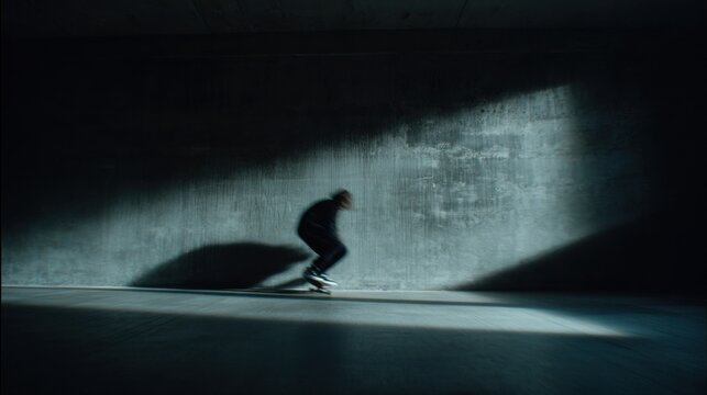 Skateboarder in Dimly Lit Concrete Space