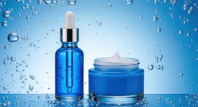 Blue glass dropper bottle and cream jar with water droplets on a reflective surface, showcasing skincare products in a fresh and vibrant atmosphere for beauty enthusiasts
