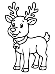Obraz premium Joyful Reindeer Illustration: A charming, outlined illustration of a smiling reindeer, complete with a festive bell around its neck and whimsical antlers, perfect for conveying seasonal cheer.