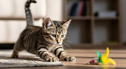 Tabby kitten pounces on toy mouse on sunlit floor.