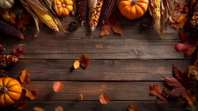 Autumn harvest arrangement with pumpkins and corn on rustic wooden table