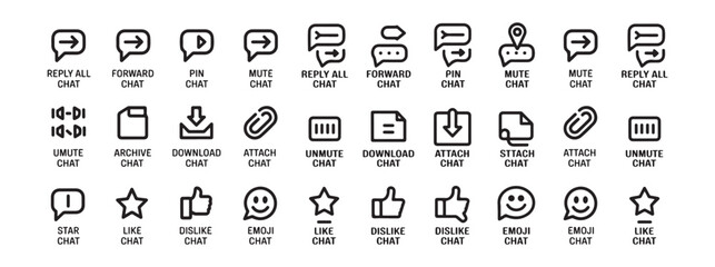 Chat and communication vector icon set. reply all, forward, pin, mute, unmute, archive, download, attach, star, like, emoji