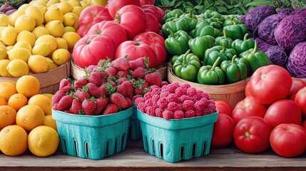 Fresh produce display at a farmers market with colorful fruits and vegetables