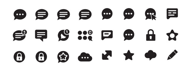 Chat and communication vector icons set. message, chat bubble, user group, lock, star, cloud, expand, pencil, text