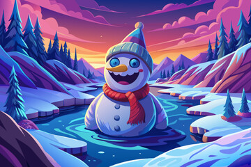 snowman built near a narrow winter river with icy edges, creating a calm scenic Christmas 2026 setting