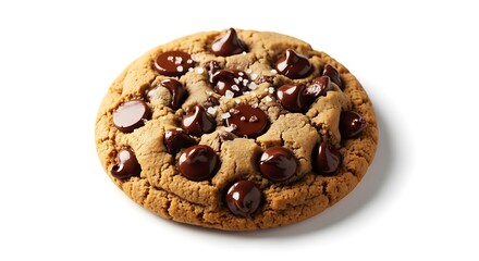 Delicious chocolate chip cookie sprinkled with salt sits on white.