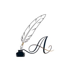 Quill pen dips into inkwell near elegant initial letter A.