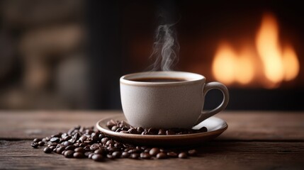 Steaming coffee in a mug with roasted beans on a wooden table near a fireplace