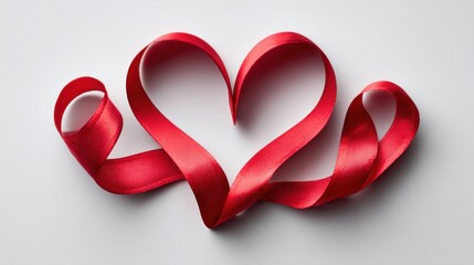 Red ribbon shaped into a heart on a white background, perfect for Valentine's Day