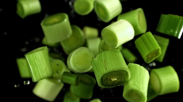Sliced leeks flying on a black background. Filmed on a high-speed camera at 1000 fps. High quality FullHD footage