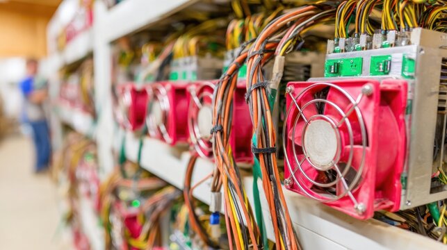 Mining Cryptocurrency Mining Rigs with Red Cooling Fans and Colorful Wires in Data Center - Powered by Adobe