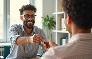 Real estate agent hands keys to new homeowner. Happy man receives house keys from realtor. Purchase agreement signing at office. Home purchase ownership concept.