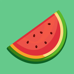A slice of watermelon with seeds on a green background