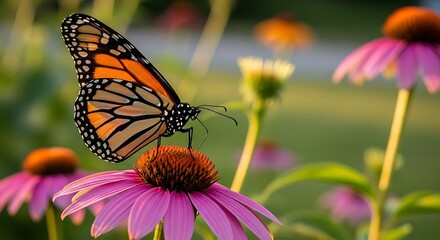 Fototapeta premium Monarch butterfly rests on a purple coneflower in a garden.