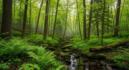 Lush green forest with a stream and abundant ferns in the mist.