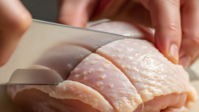 Chef skillfully slicing raw chicken breast with a sharp knife for meal preparation - Powered by Adobe