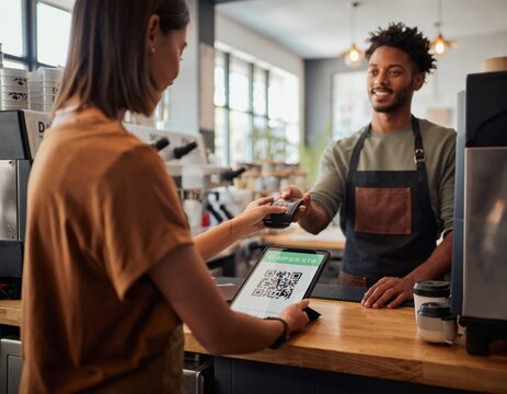  A customer pays for her order using a contactless payment method at a coffee shop. A QR code and digital POS system are visible, emphasizing modern fintech and cashless transactions.