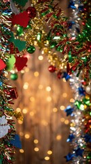 Festive Christmas Decorations with Colorful Tinsel and Lights