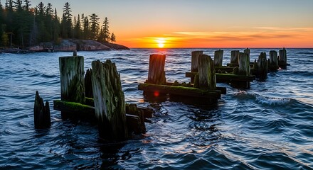 Old wooden pilings emerge from a wavy ocean at sunset.