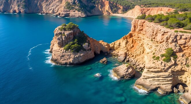 Rocky coastal cliffs meet azure ocean waters under a bright sunny sky. - Powered by Adobe