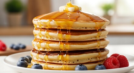 Delicious stack of pancakes with golden syrup and fresh berries.