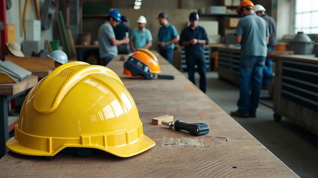 A yellow hard hat on a workbench with a team of workers in the background. Industrial safety meeting in a factory workshop. Construction and labor concept