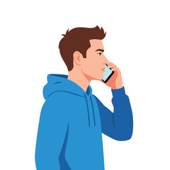 Young man in hoodie talking on phone, side view communication technology