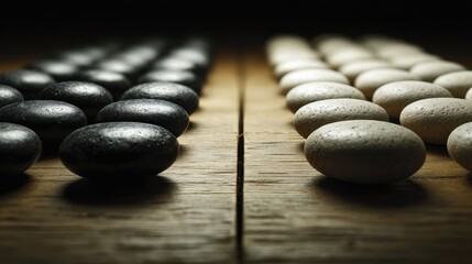 Black and White Stones: A stark visual representation of balance, duality, or strategy, featuring two distinct groups of smooth, polished black and white stones arranged in orderly rows.