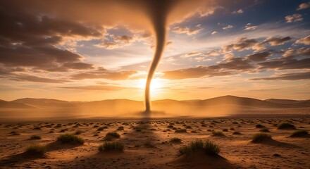 Dust devil swirls across a barren desert landscape at sunset.