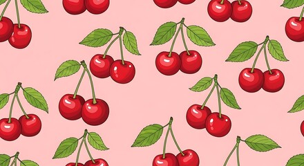Red cherries with green leaves form a repeating pattern on a pink background.