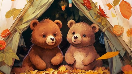 Cute animated illustration of two teddy bears in a tent during autumn. Adorable bear friends surrounded by falling leaves. A cozy and warm friendship concept for kids - Powered by Adobe