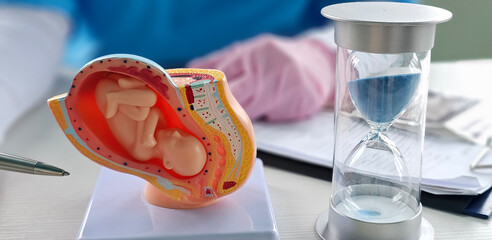 Fetal gynecologist baby watch hourglass in female age and fertility clinic. Time to give birth and the biological age of women concept