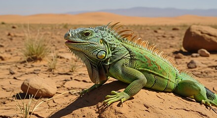 Green reptile basks in sun on arid desert ground under blue sky.