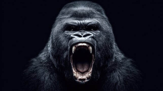 Powerful gorilla portrait with open mouth and menacing expression against a dark background