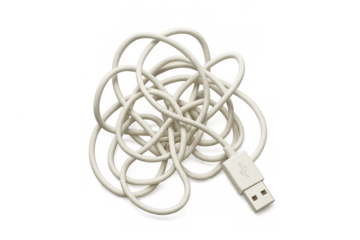 Tangled white usb data cable forming complex knot, symbolizing confusion, connection problems, and technology frustration on transparent background