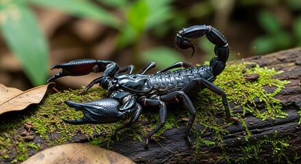 Large black scorpion with pincers raised, perched on a mossy log.