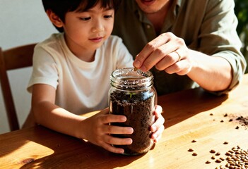 A loving father and his young son bond over planting seeds in a glass jar, teaching environmental care and nurturing.