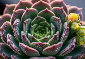 Dew drops adorn succulent plant with emerging yellow flower buds.