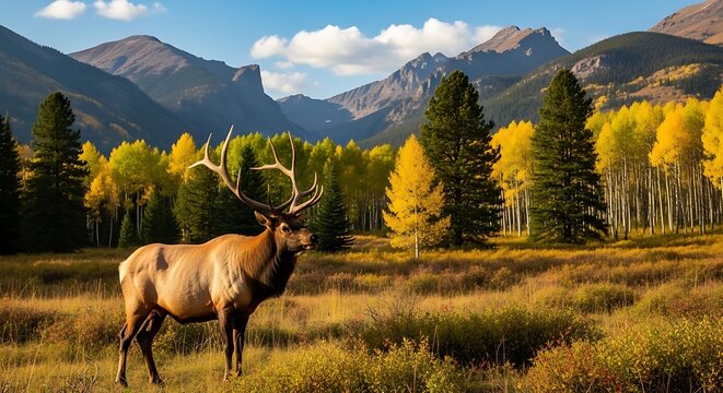Majestic bull elk stands in a golden meadow with autumn trees and mountains. - Powered by Adobe