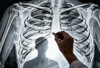 A Doctor's Hand Drawing a Detailed Human Rib Cage Skeleton on a Bright Lightbox Representing Medical Anatomy Study
