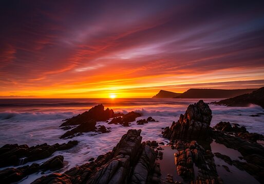 Vibrant sunset paints the sky over rocky ocean coastline with crashing waves. - Powered by Adobe