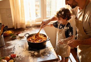 Joyful Father and Son Covered in Flour Cooking a Delicious Stew Together in a Bright Kitchen