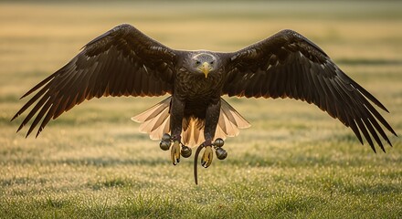 Majestic eagle with outstretched wings glides low over a grassy field.