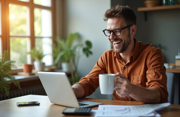 Happy businessman using laptop at home office. Man smiles while working and drinking coffee. Male enjoys remote job. Workplace with computer cellphone mug documents.