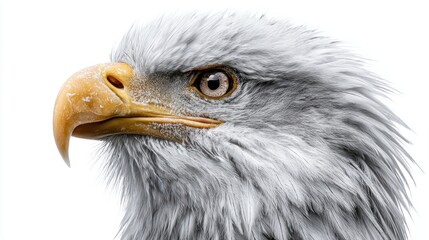 Obraz premium Majestic bald eagle portrait against a clean white background, close-up view.