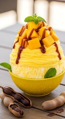 Refreshing shaved ice dessert with mango, tamarind and mint.